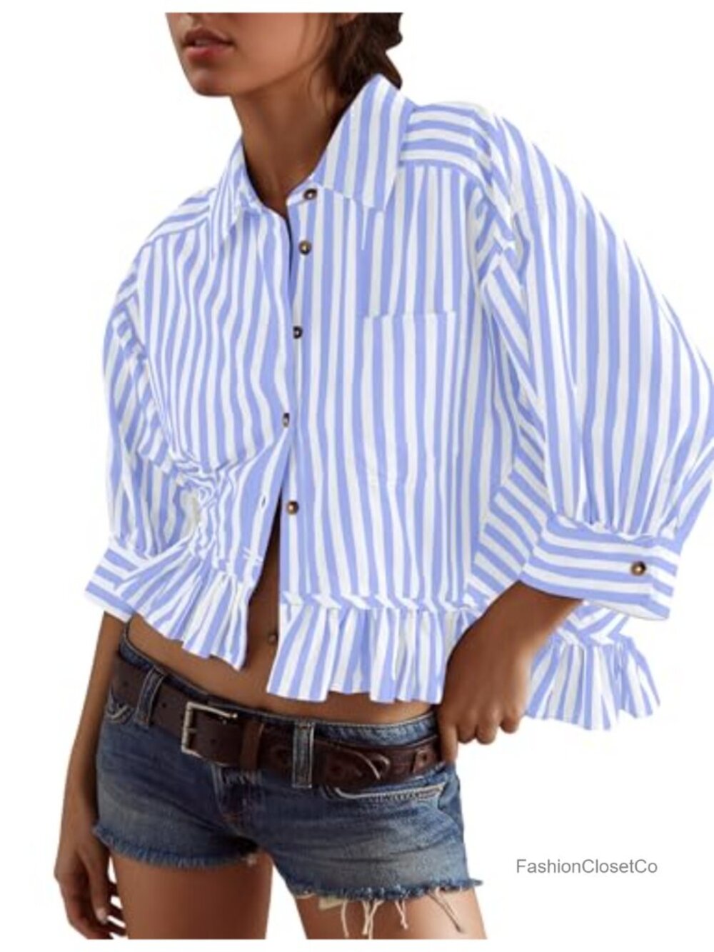 Women's 3/4 Sleeve Button Down Striped Blouse Ruffle Hem Cotton Blend Top